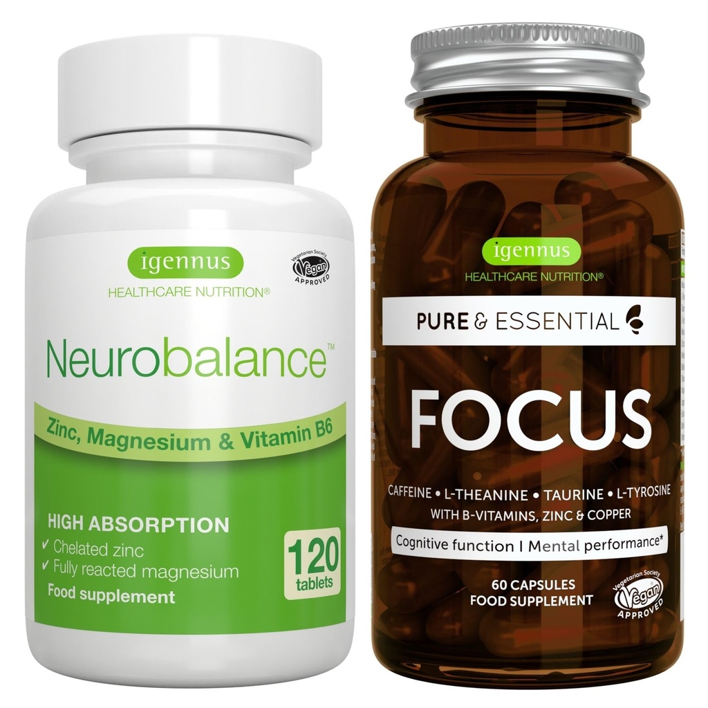 Neurobalance + Fokus Brain Booster Vegan Bundle, visoka absorpcija Cink Magnezij & B6 + Kofein, Aminokisline in metilirani B-vitamini, by Igennus