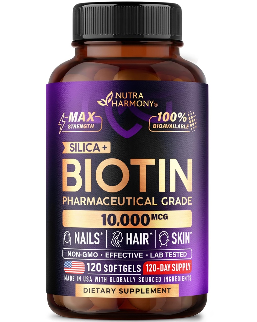 Biotin 10000mcg s Silicijem - farmacevtska stopnja Biotin Dopolnilo za ženske - Podpora za rast las, kože in nohte - Max Jakost & 100% Biološka razpoložljivost - Made in USA - 120 Softgels, 120 dni