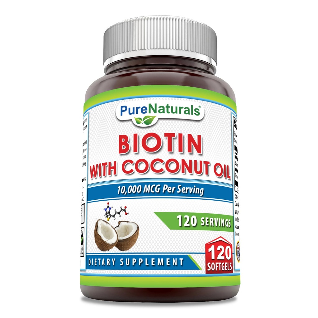 Pure Naturals Biotin 10000 Mcg z ekstra Deviško organsko kokosovo olje 120 Softgels 