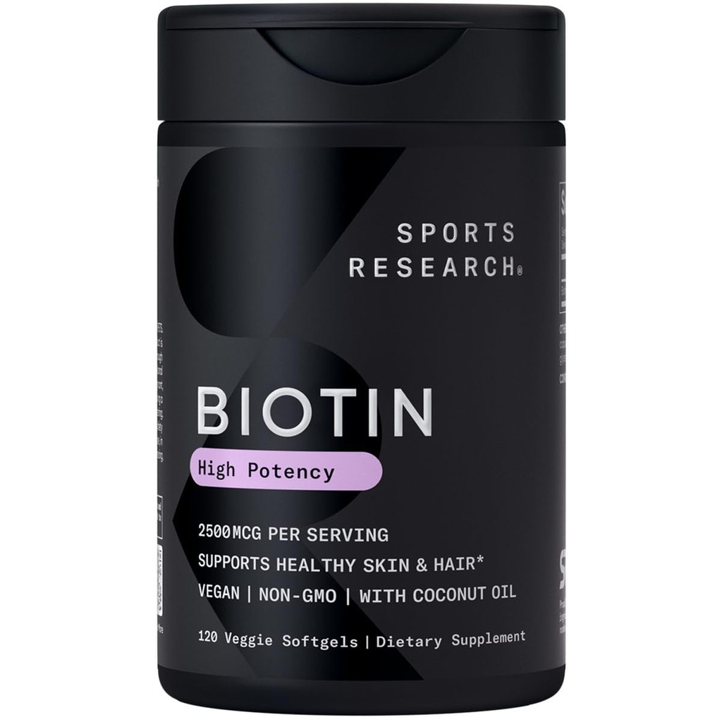Športne raziskave® Biotin 2500mcg z organskim kokosovim oljem - Biotin (vitamin B7) za zdravo podporo koži in lasem* - za ženske in moške - Vegan, Non-GMO, Gluten & Soy-free - 120 Veggie Softgels