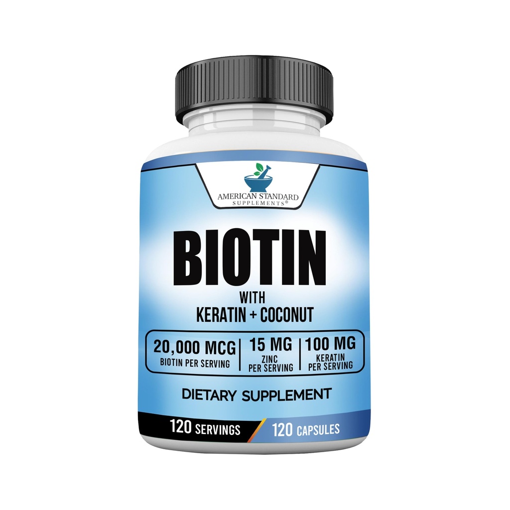 American Standard Supplements Biotin 20.000mcg s keratin, kokosov prah in cink, Biotin dodatek za ženske in moške,120 Veggie kapsule, 120 Day Supply