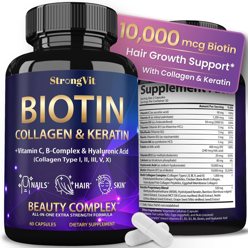 StrongVit Biotin s hialuronsko kislino, keratin in kolagen dopolnila - 10000mcg za rast las Ženske in moški - kože in nohti za lase Vitamini - 60 kapsul