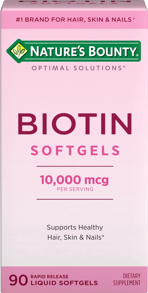 Naravni Bounty Biotin 10000mcg dodatek, Podpira zdrave lase, kožo in nohte, Optimalne rešitve za lase Vitamin z Biotin, 90 Hitra sprostitev tekoče softgels