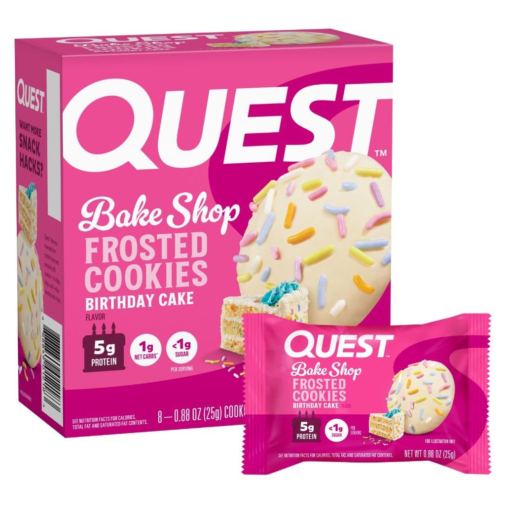 Quest Nutrition Zamrznjene beljakovine Piškotki, rojstnodnevna torta, <1g sladkor, 5g beljakovine, 1g neto ogljikove hidrate, brez glutena, 8 Piškotki