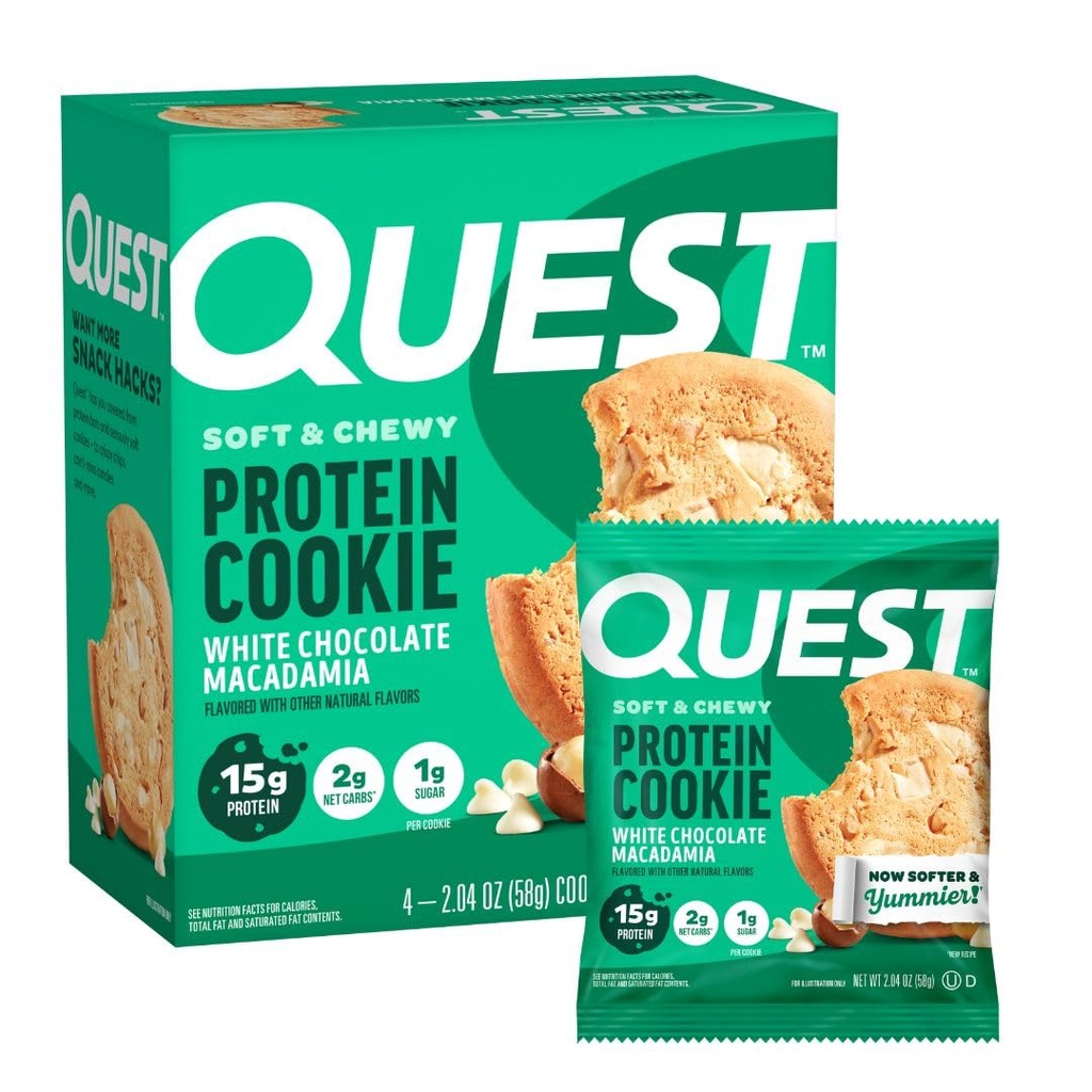 Quest Nutrition White Chocolate Macadamia Protein Cookie, 15g proteini, 1g sladkor, 2g neto ogljikovi hidrati, Keto prijazno, visoke beljakovine, nizko karboksigen; 4 Count