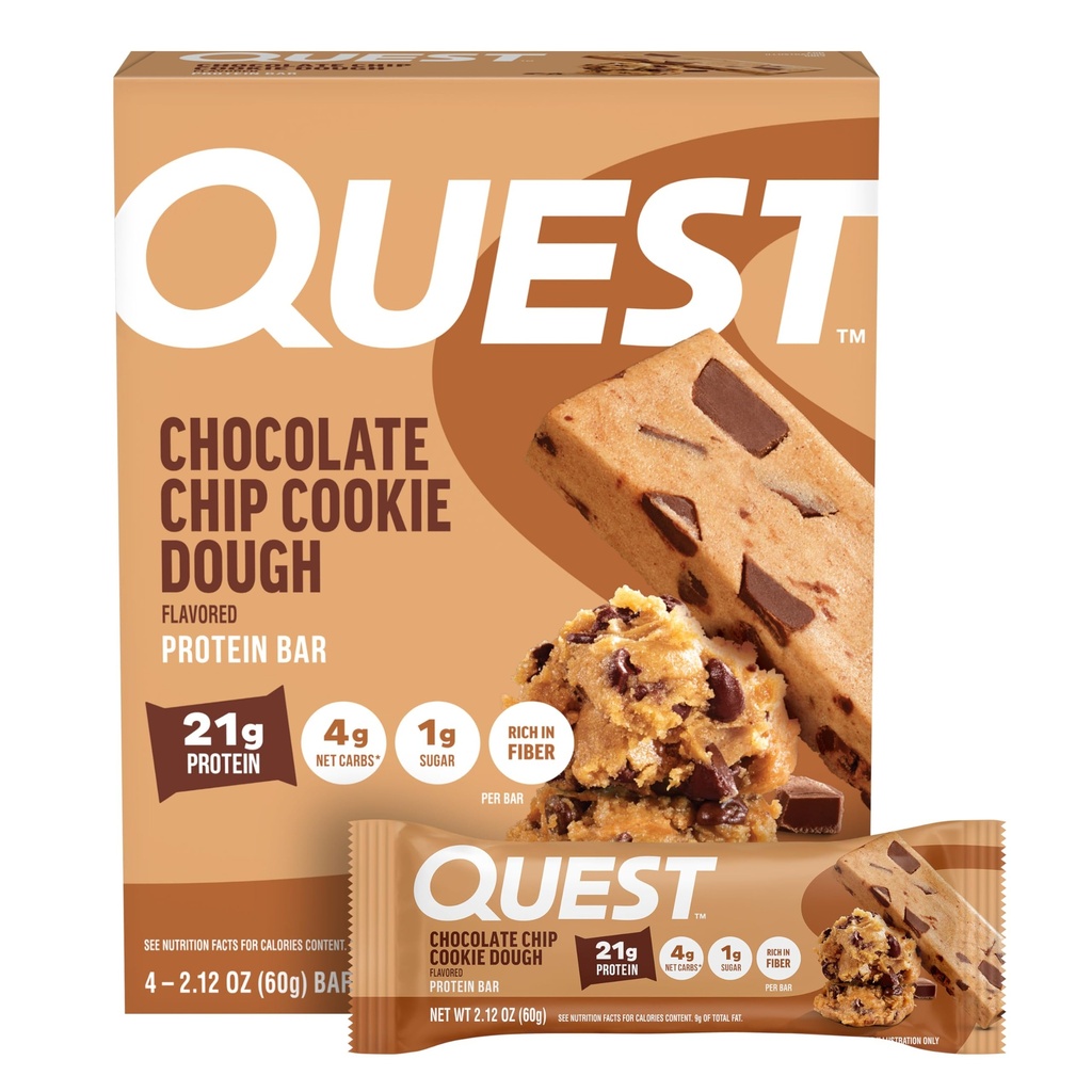 Quest Nutrition Chocolate Chip Cookie Dough Protein Bars, 21g Beljakovine, 4, Neto ogljikovi hidrati, 1g sladkorja, visoke vlaknine, Gluten brezplačno, Keto prijazno, 4 Število