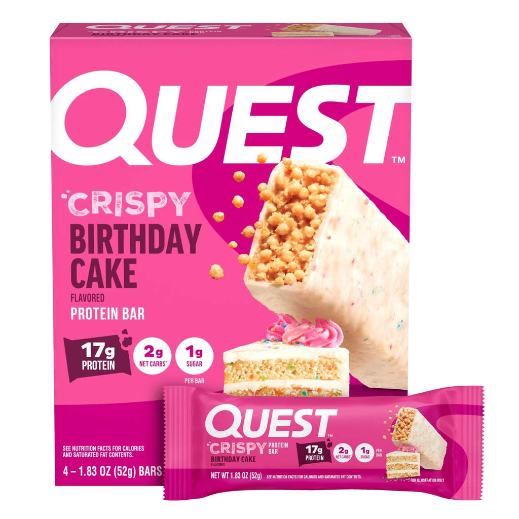 Quest Nutrition Crispy Rojstni dan Cake Protein Bar, 17g Beljakovine, 1g sladkorja, 2g neto ogljikovih hidratov, prigrizek brez glutena, Keto prijazno, 4 Count