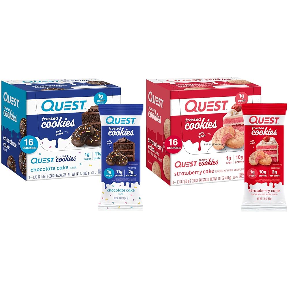 Quest Nutrition Zamrznjeni piškotki Twin Pack paket, čokoladna torta 1g sladkor 11g beljakovine 2g neto ogljikovi hidrati in jagodna torta 1g sladkor 10g beljakovine 2g neto ogljikovi hidrati, brez glutena, 16 Piškotki vsak