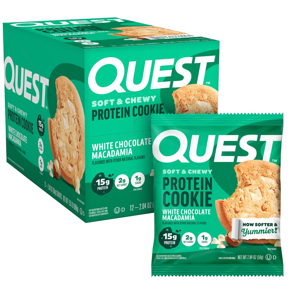 Quest Nutrition White Chocolate Macadamia Protein Cookie, 15g proteini, 1g sladkor, 2g neto ogljikovi hidrati, Keto prijazno, Visoke beljakovine, Nizko karb.