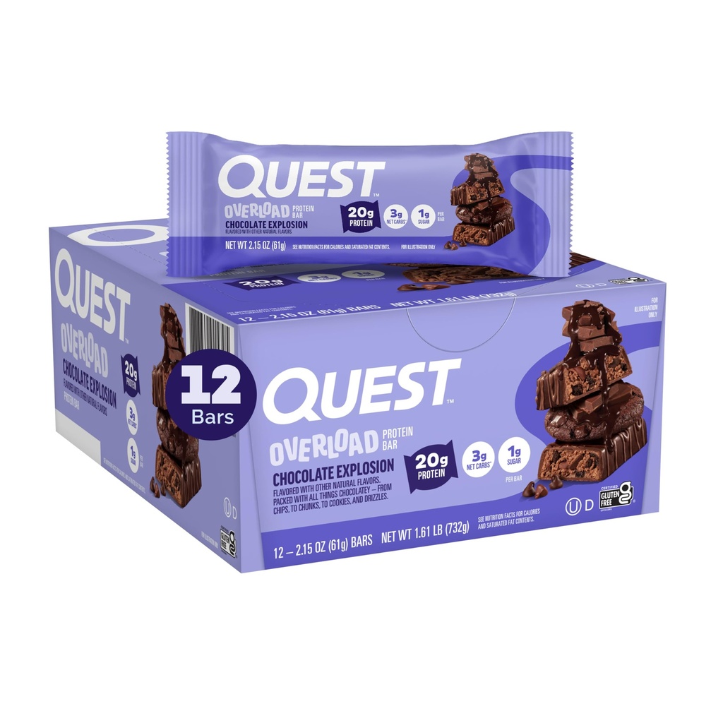 Quest Nutrition Overload Protein Bars, Čokolada Eksplozija, 20g beljakovin, 1g sladkorja, 3g neto ogljikovih hidratov, Gluten brez, 12 Število