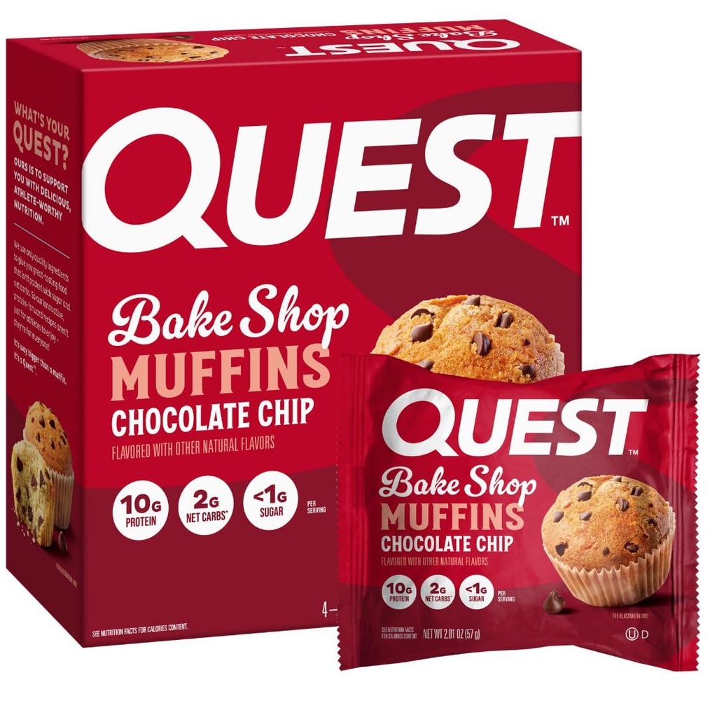 Quest Nutrition Chocolate Chip Muffin, 10g proteini, 2g neto ogljikovi hidrati, manj kot 1g sladkorja, prigrizek beljakovin, 4 številke
