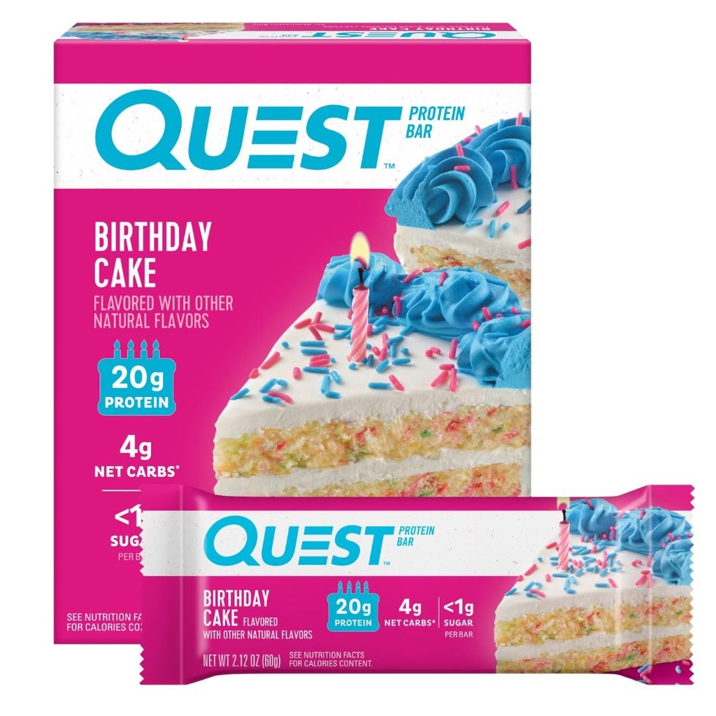 Quest Nutrition Rojstni dan Cake Protein Bars, 20g Beljakovine, 4g neto ogljikovih hidratov, 1g sladkorja, Gluten brezplačno, Keto prijazno, 4 Število