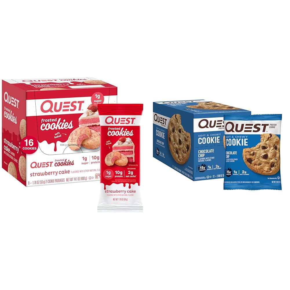 Quest Nutrition Frosted Jagodna torta in čokoladni Chip Protein Cookie Bundele, 1g sladkor, 10g beljakovine, 2g neto ogljikovih hidratov, Gluten brezplačno, 16 & 12 Število