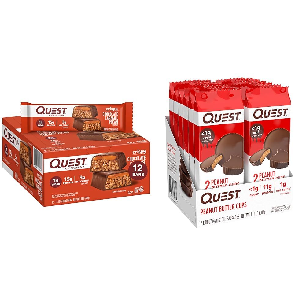 Quest Nutrition Crispy Chocolate Caramel Pecan Hero Protein Bar, 15g Beljakovine, 1g Sladkor & Visoke beljakovine Nizki ogljikovi hidrati, Gluten Free, Keto prijazno, Peanut Butter Cups, 12 Count
