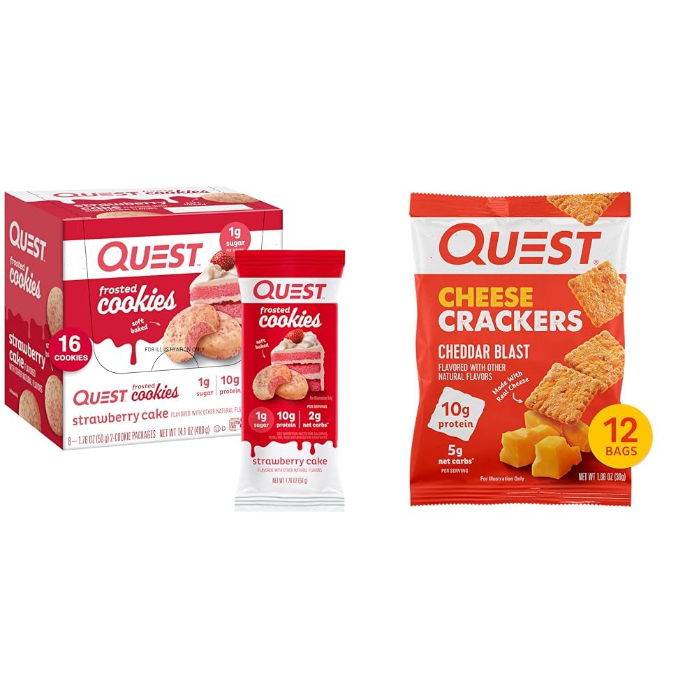 Quest Nutrition Zamrznjeni piškotki Twin Pack, Jagodna torta, 1g sladkor, 10g beljakovine, 2g Neto ogljikovi hidrati in sir Krekerji, Cheddar Blast, Visoke beljakovine, Nizki karb, Izdelano s pravim sirom, 12 Ct