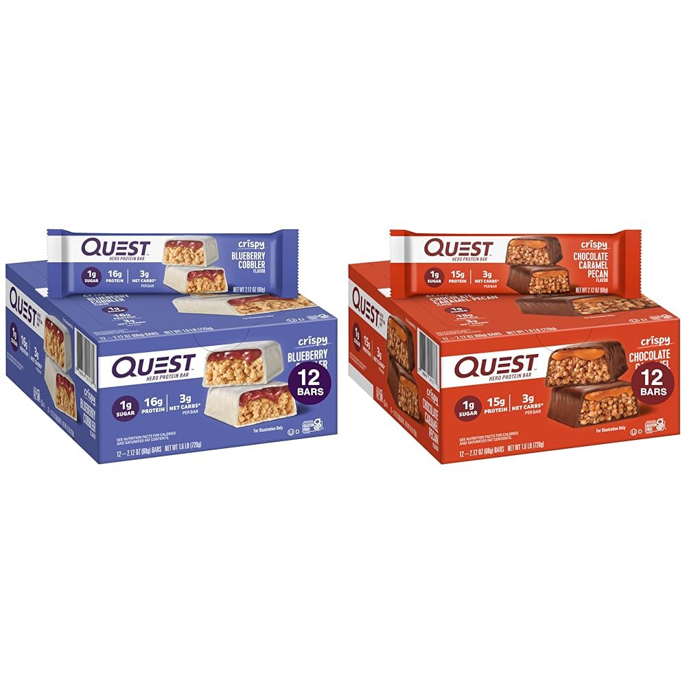Quest Nutrition Crispy Blueberry Cobbler & Chocolate Caramel Pecan Hero Protein Bars, 16g & 15g proteini, 1g sladkor, 3g neto Carb, Gluten Free, Keto prijazno, 12 Grof