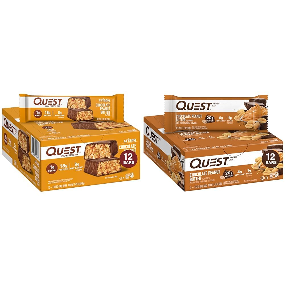Quest Nutrition Crispy Chocolate Peanut Butter Protein Bar, 18g Beljakovine & Čokoladno Maslo , Visoke beljakovine, Nizki ogljikovi hidrati, Brez glutena, Keto prijazno, 12 Count