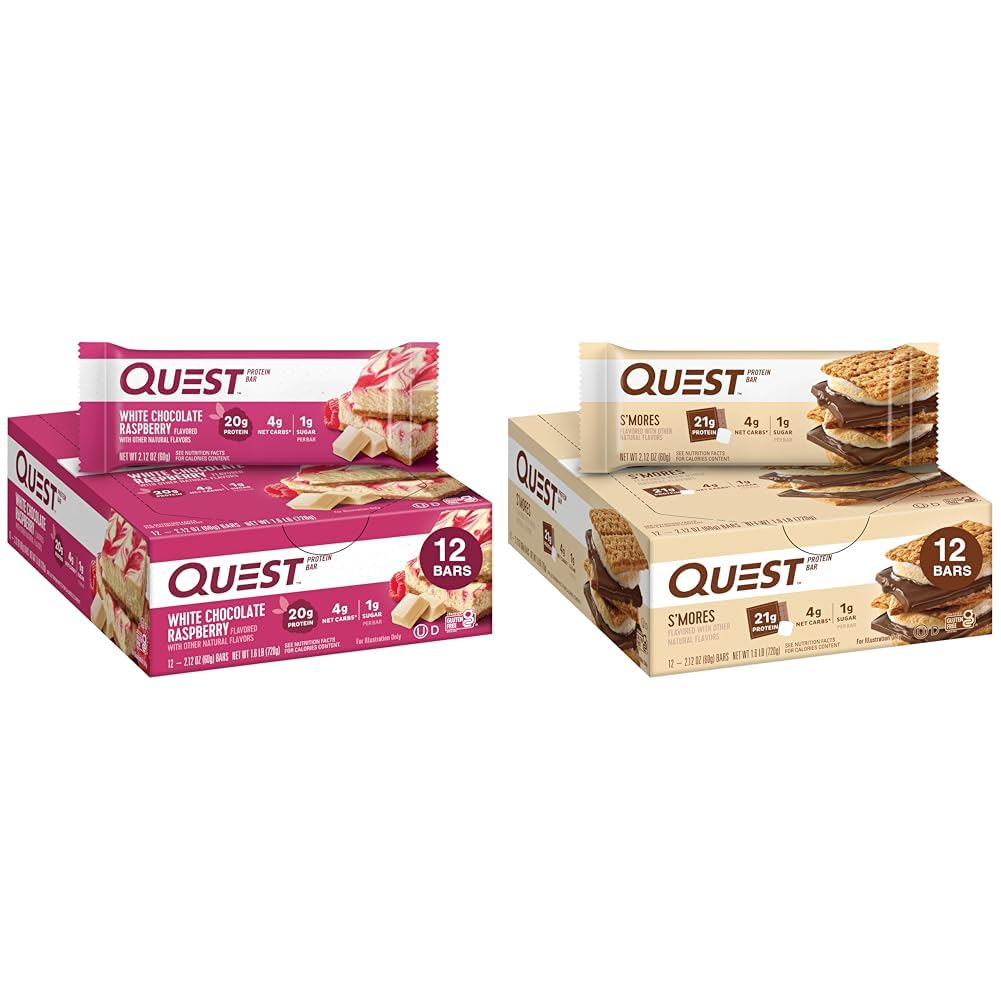 Quest Nutrition Bela Čokolada Raspberry Protein Bars, Visoke beljakovine, Nizki ogljikovi hidrati, Gluten Free, Keto prijazno, 12 Count & S'mores Protein Bar, Visoke beljakovine, Nizki ogljikovi hidrati, Gluten Free, Keto prijazno, 12 Count