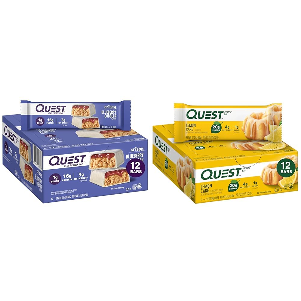 Quest Nutrition Crispy Blueberry Cobbler Hero Protein Bar, 16g Beljakovine, 1g sladkor, 3g & Lemon Cake Protein Bars, Visoke beljakovine, Nizki ogljikovi hidrati, Gluten brez, Keto prijazno