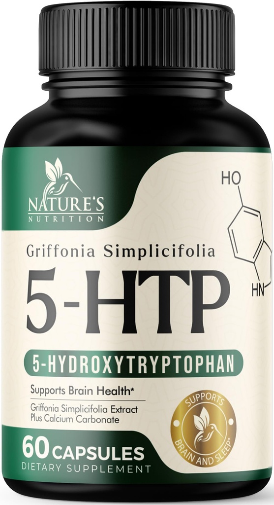 5 kapsul hidroksitriptofan - 180 mg na serviranje 5 HTP dodatek Plus kalcij za zdravje možganov in podporo za spanje, ekstra moč Griffonia Simplicifolia 5-HTP formula, 5HTP, ZDA ustekleničen - 60 kapsul
