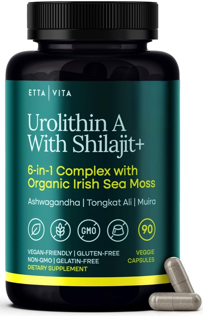 Urolithin-A Complex w Shilajit, Organic Sea Moss, Ashwagandha & Tongkat Ali, naravna energija, Libido, Hormonsko ravnovesje in Fokus za moške in ženske (Made v ZDA - 3. stranka Tested)
