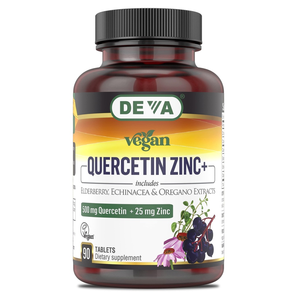 DEVA Vegan Quercetin 500mg Plus 25mg cink z borovnico, Echinacea in Origano ekstrakti - Brez živalskih sestavin - 90 Tablete, 1-Pack