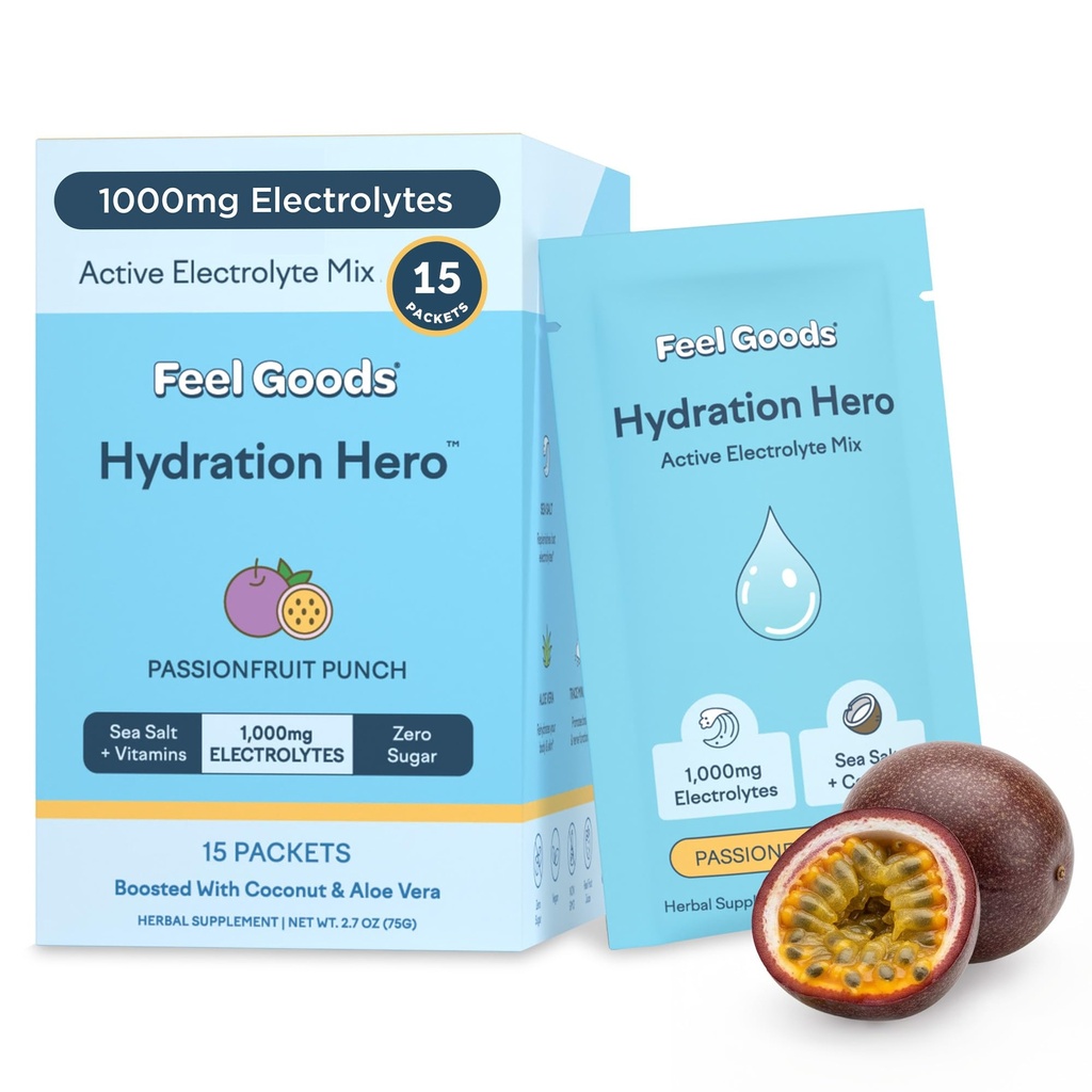 Feel Goods Hidracija Hero, 1.000mg Elektroliti v prahu, Brez sladkorja, Magnezij, Organic Aloe Vera, L Theanine, Vitamin C & B12, Keto, Vegan, Elektrolitski paketi, Passion Fruit Punch, 15 Štet