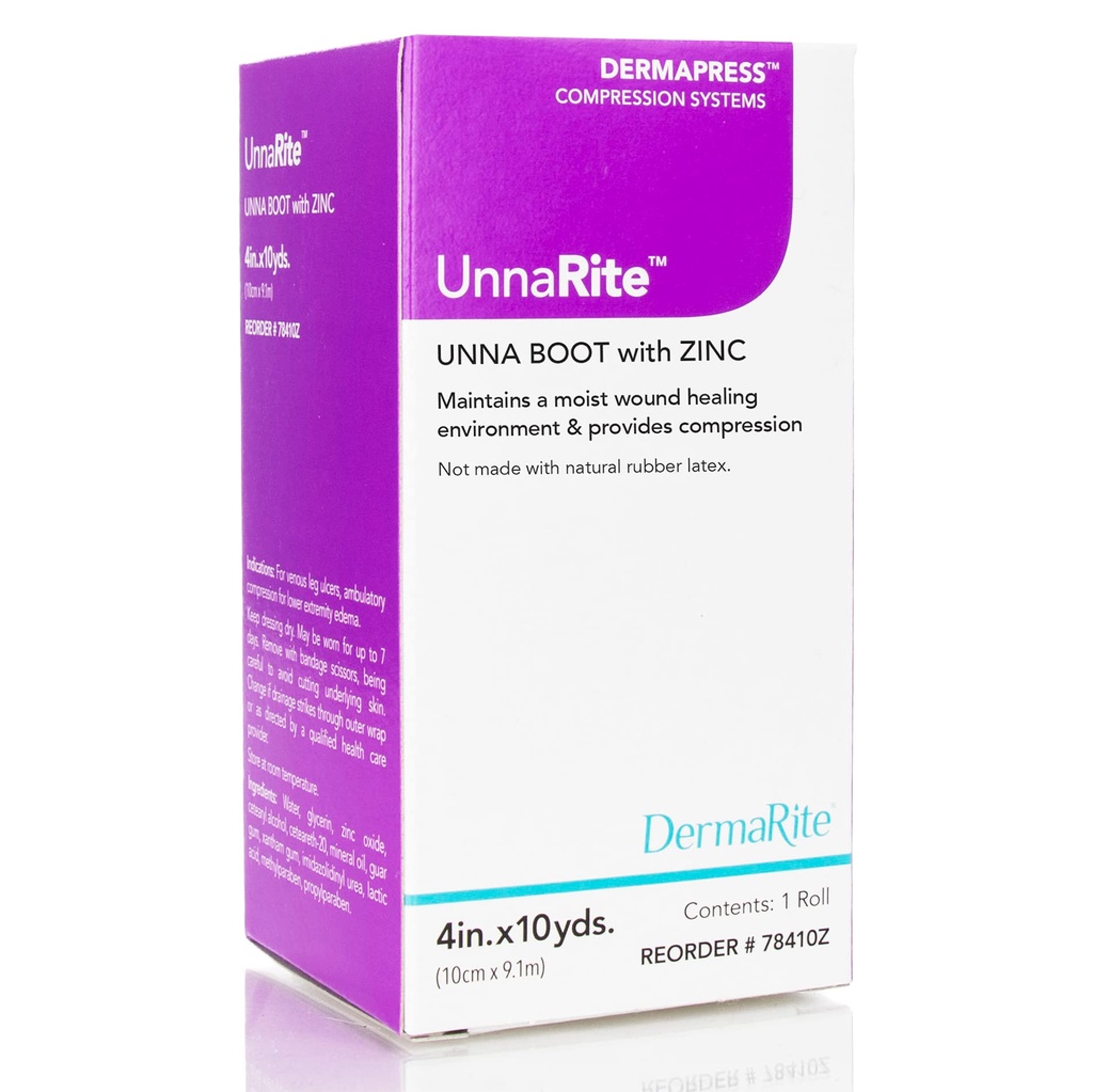 DermaRite's UnnaRite C Unna Boot, z cinkovim oksidom - vlažno zdravljenje in nežno stiskanje za Venous Leg Ulcers - 4 in. x 10 yds., 1 Roll