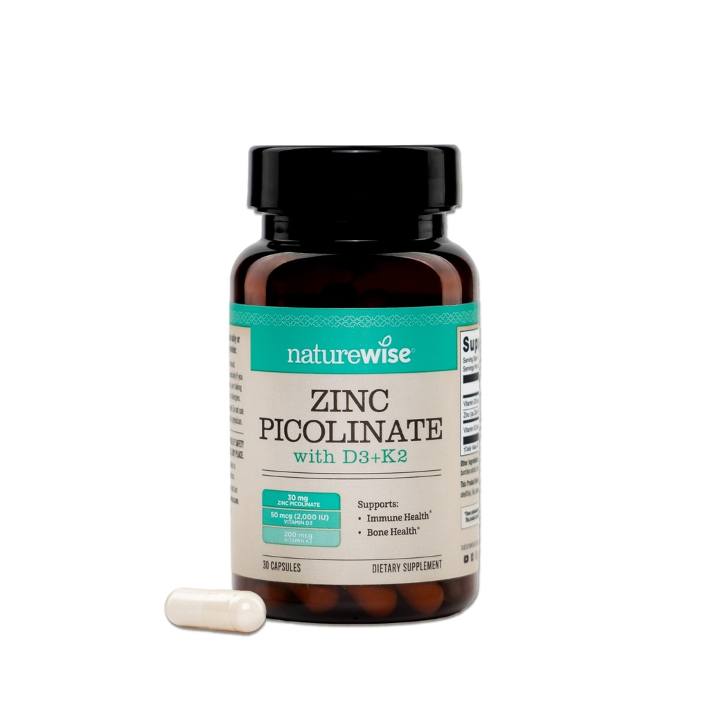 NatureWise Cinkov pikolinat z D3 + K2 - Cinkov dodatki za moške in ženske + vitamin D3 K2 - Podpira Imunsko zdravje in zdravje kosti* - Ne-GMO, Gluten Free, ZDA Proizvedeno - 30 kapsul[30 Day Supply]
