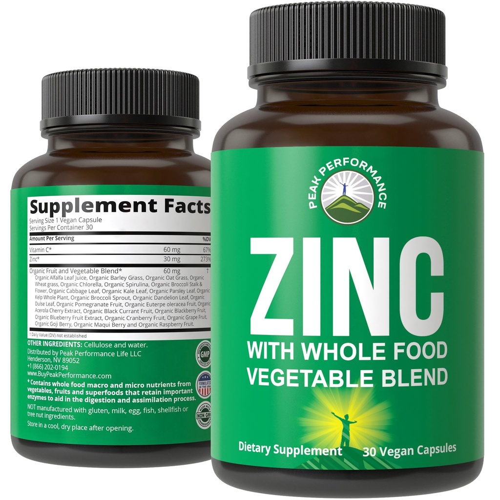 Veganski cink dodatek z vitaminom C + celotno živilsko mešanico 25 Zelenjava in sadje za maksimalno absorpcijo. Cinkove dodatke 30 mg kapsule, tablete, vitamini za odrasle moške in ženske
