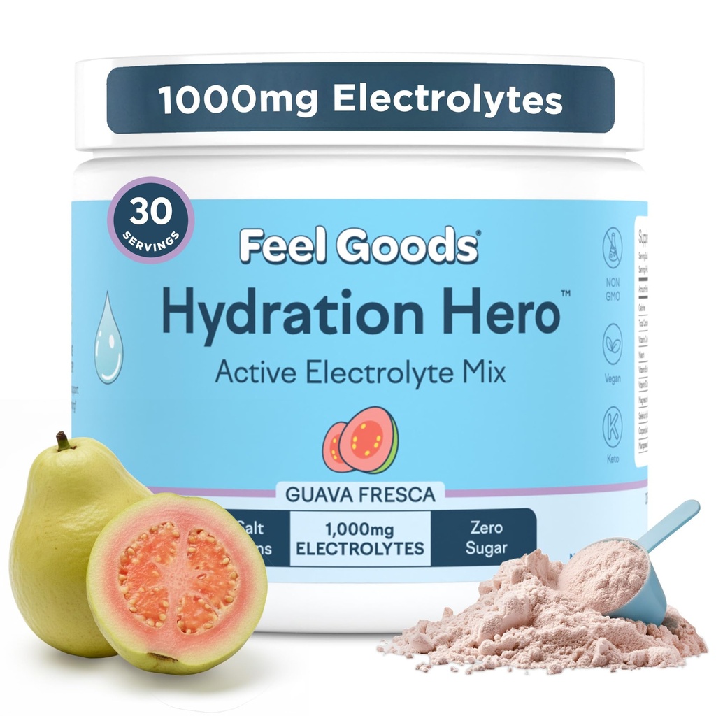 Feel Goods Hidracija Hero, 1.000mg Elektroliti v prahu, brez sladkorja, Magnezij, Organska Aloja Vera, Organska Aloja, L Theanin, Vitamin C & B12, Non GSO, Keto, Vegan 