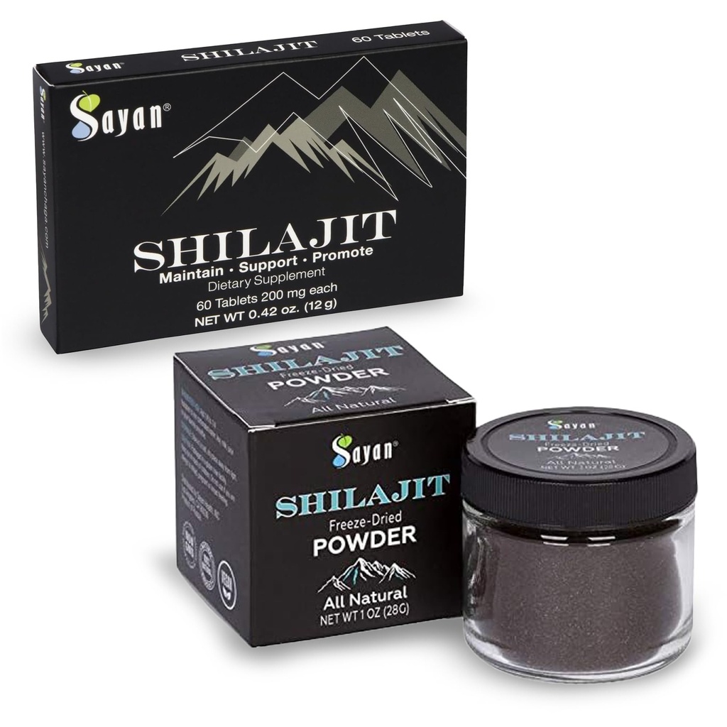 Sayan Shilajit Pure Organic Black Resin Trace Mineralne tablete & Pure Organic Shilajit Extract Freede-Dry Powder Bundle - Imunska podpora, Detox, Energy Boost (1 mesec dobave)