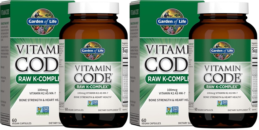 Vrt življenja Vitamin K2 in K1, Vitaminska koda Vegan K Kompleks za kosti moč in zdravje srca, Omega Rich Lanovo olje, Trace Minerali, Probiotiki, 60 Day Supply, (Pack z 2)