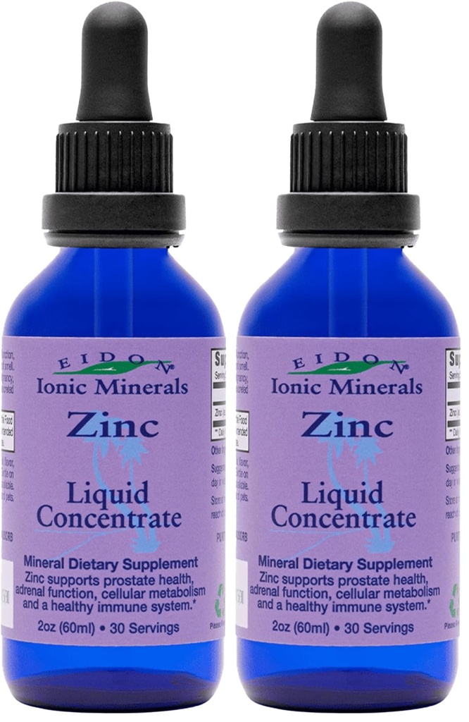 Eidon Ionic Minerals Tekoči Cinkov koncentrat - Ionic Cinkov dodatek kapljice za odrasle in otroke, Podpora imunskega sistema, las in kože, zdravja jeter in ledvic, Olajša stres - 2 oz (Pack of 2)