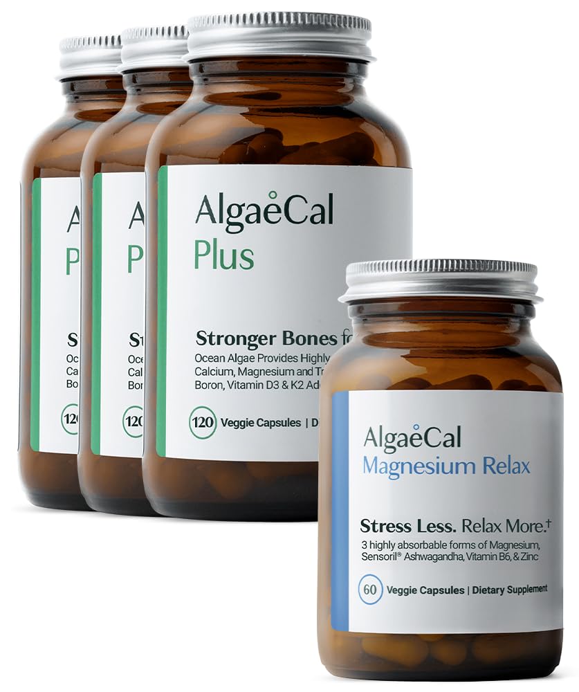 ALGAEKAL Ekološka rdeča Algae kalcij dodatek za gostoto in moč kosti, vitamin K2 MK7, vitamin D3, magnezij in sled minerali, 120 Veggie Caps Magnezium RelaxTM (60 Caps)