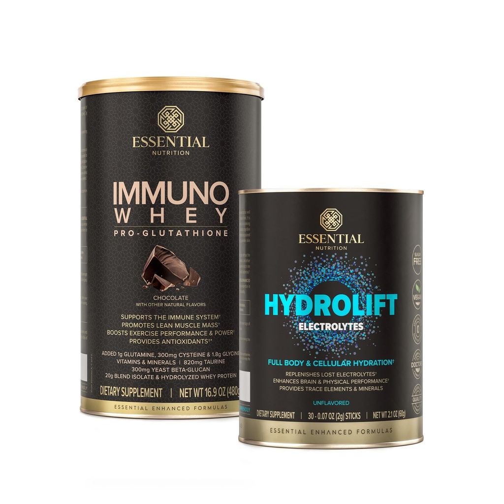 Essential Nutrition Hidrolift Elektroliti + Immuno Whey Chocolate – Močna hidracija s sledovi mineralov in glutation-suport protein Formula – Keto prijazno, sladkor brez