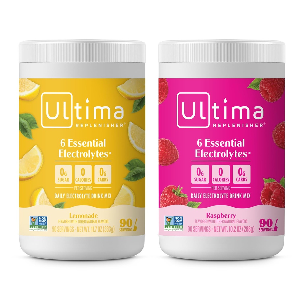 Ultima Replenisher Electrolyte Powder Drink Mix Bundle – Sladkor prost – Limonada in malina, 90 Serving – Hidracija Powder - 6 Ključ elektroliti in trace minerali – Keto prijazno, Non-GMO