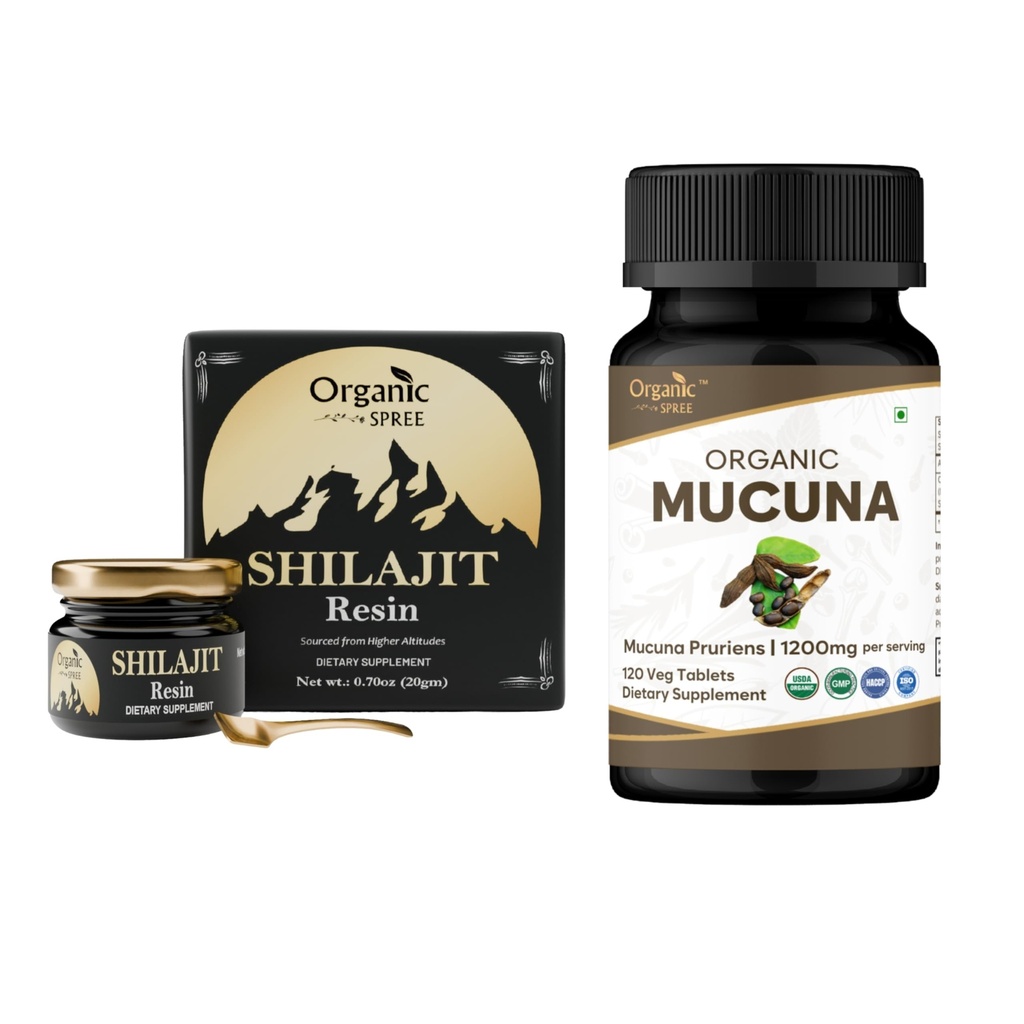 ORGANIC SPREE Pure Himalaan Shilajit Resin & Mucuna dodatek – 20g & 120 Tablet – 85+ Trace Mineral Fulvic Acid Resin & USDA Organic Mucuna Pruriens