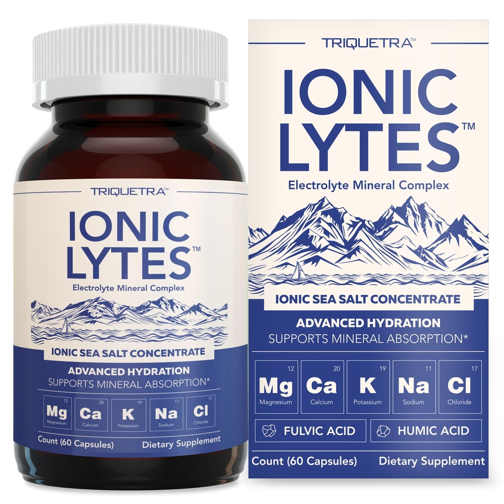 Ionic LytesTM Elektrolitski mineralni kompleks z jonsko morsko soljo, Fulvic & Humic Acid - podpira hidracijo, elektrolitsko in mineralno ravnovesje in delovanje mišic (60 kapsul) - brez soje, brez glutena, cGMP