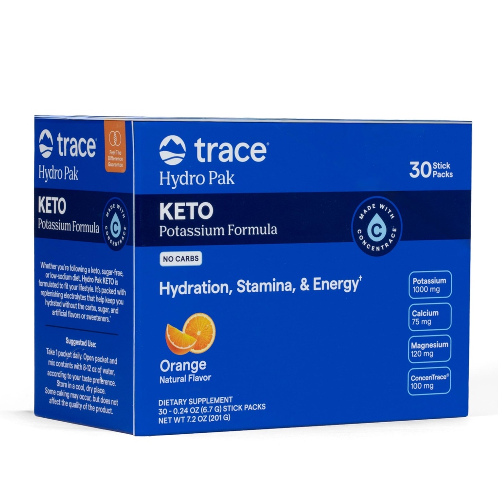 Trace Minerals Hydro Pak Keto - Electrolyte Replenishment Drink Mix – 1000 mg Kalij Plus 70 Podpira energijo, Stamina, & Hidracija – Orange Flavor – 30 Servings