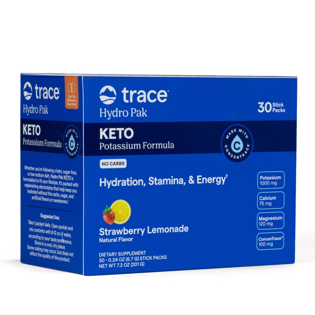 Trace Minerals Hydro Pak Keto - Elektrolitski Relevantni napitek Mix – 1000 mg Kalij Plus 70 Podpira energijo, Stamina, & Hidracija – Jagodna limonada Flavor – 30 Servings