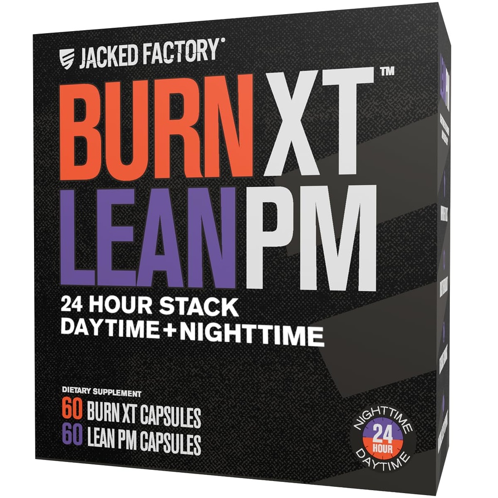 Jacked Factory Burn-XT + Lean-PM Kit – 24-urna sestava telesa in metabolizem podpora Stack – Day & Night Formula – 60 Count, 2 paket