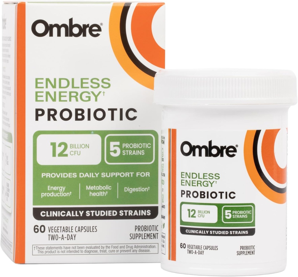 Ombre Endless Energy Probiotic dopolnilo, Podpira naravno proizvodnjo energije, Spomin, Focus & Gut Health, 12 milijard CFU, Rok uporabnosti, 30 Servings