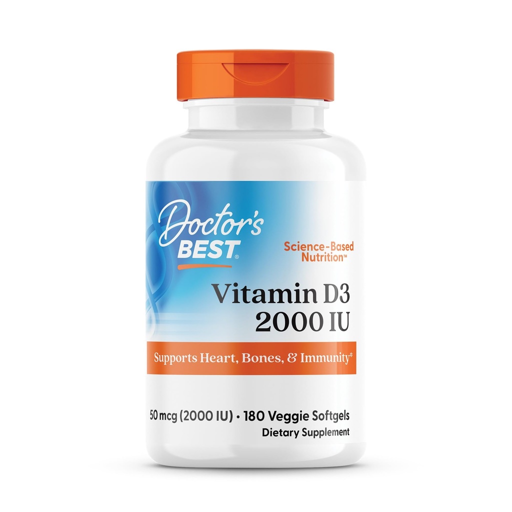Zdravnikov najboljši vitamin D3 2000 i.e. softgels za moške in ženske - vitamin D dodatek za imunski sistem in zdravje srca podporo, 50 mcg na serviranje, Vit D 3, Non GSO, Gluten & Soy Free - 180 Veggie Softgels