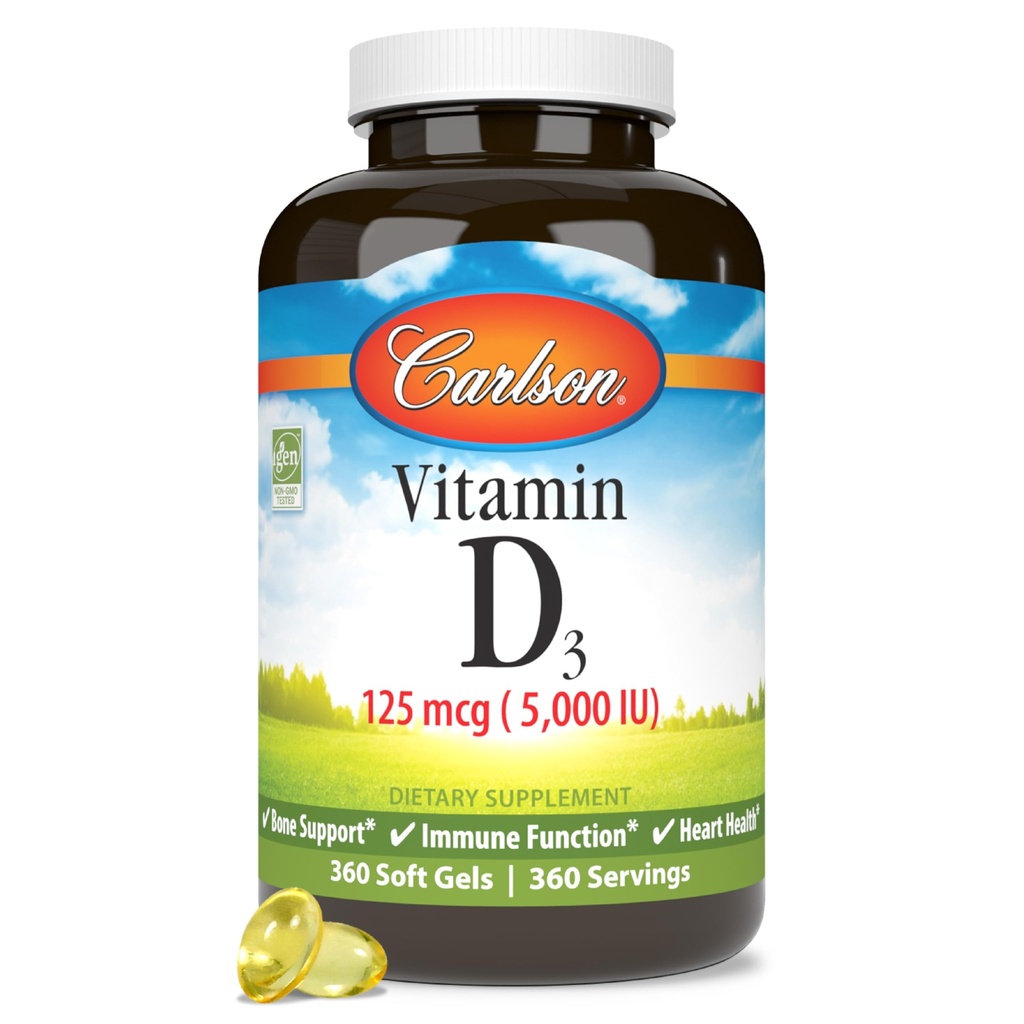 Carlson - Vitamin D3 5000 i.e. (125 μg), zdravje kosti, zdravje mišic, holekalciferol, dodatki vitamina D, vitamin D3 Soft Gels, 360 Softgels