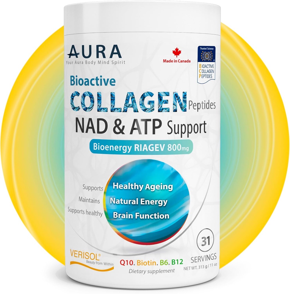 AURA VERISOL® Bioaktivni kolagen Peptides® Powder s patentiranimi pospeševalci NAD+ & ATP, naprednim celičnim sistemom za pomlajevanje, zdravim staranjem in popravilom DNK, brez arome, Made in Canada, 31 Servings.