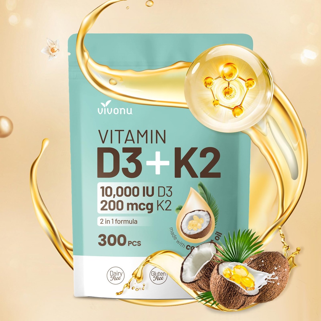 VivoNu Vitamin D3 K2 10000 i.e. z MK7-300 Deviško kokosovo olje Mehčalci, 2 v 1 Vitamini D & K Complex 