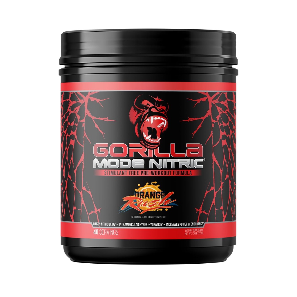 Gorilski način Nitrična nadgrajena Stimulant Free Pre-Workout – Najboljši okus in najučinkovitejši Stimulant Prosti Pred-Workout/Massive Pumps · Vazodilatacija · Moč / 772 Grams (Orange Rush)