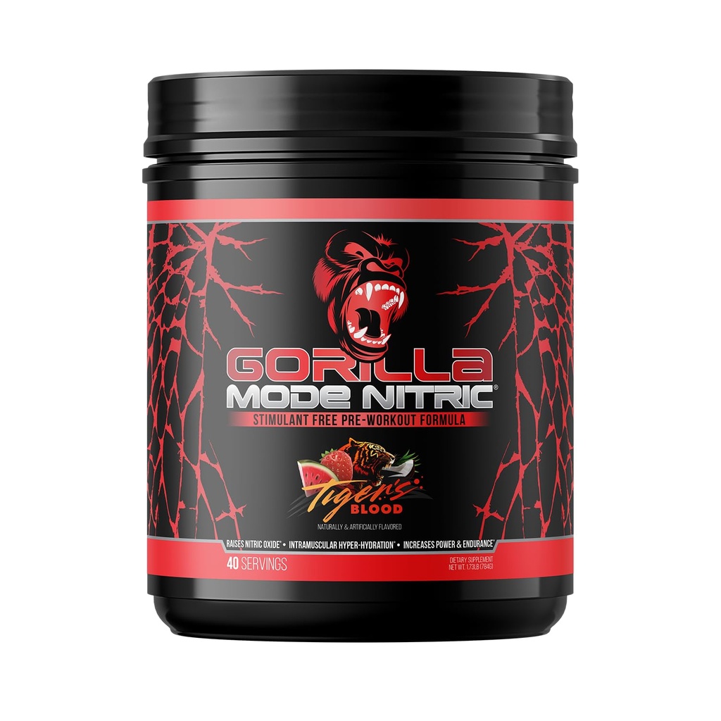 Gorilski način Nitrična nadgrajena Stimulant Free Pre-Workout – Najboljši okus in najučinkovitejši Stimulant Prosti Pred-Workout / Masivne črpalke · Vazodilatacija · Moč / 784 Grams (Tigers Blood)