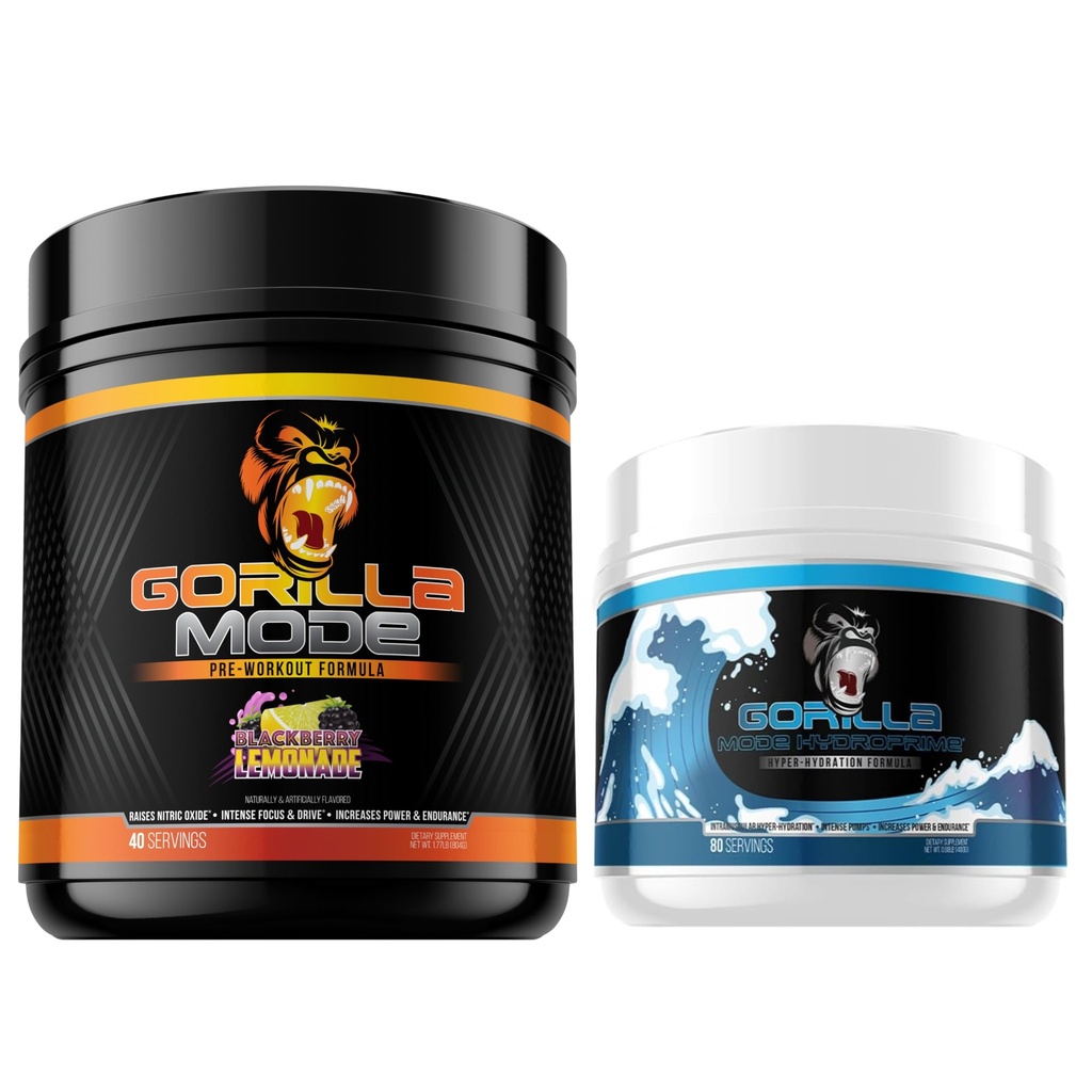 Gorilla Mode Pred treningom (BlackBerry Lemonade) + HydroPrime Glycerol Pred vadbo - Celovit sklop za hiperhidracijo, črpalko, moč, vzdržljivost in termoregulacijo